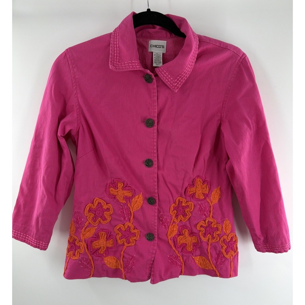 Chico's Jacket Floral Embroidered Button Down Pink Womens M Vtg Fairy Boho